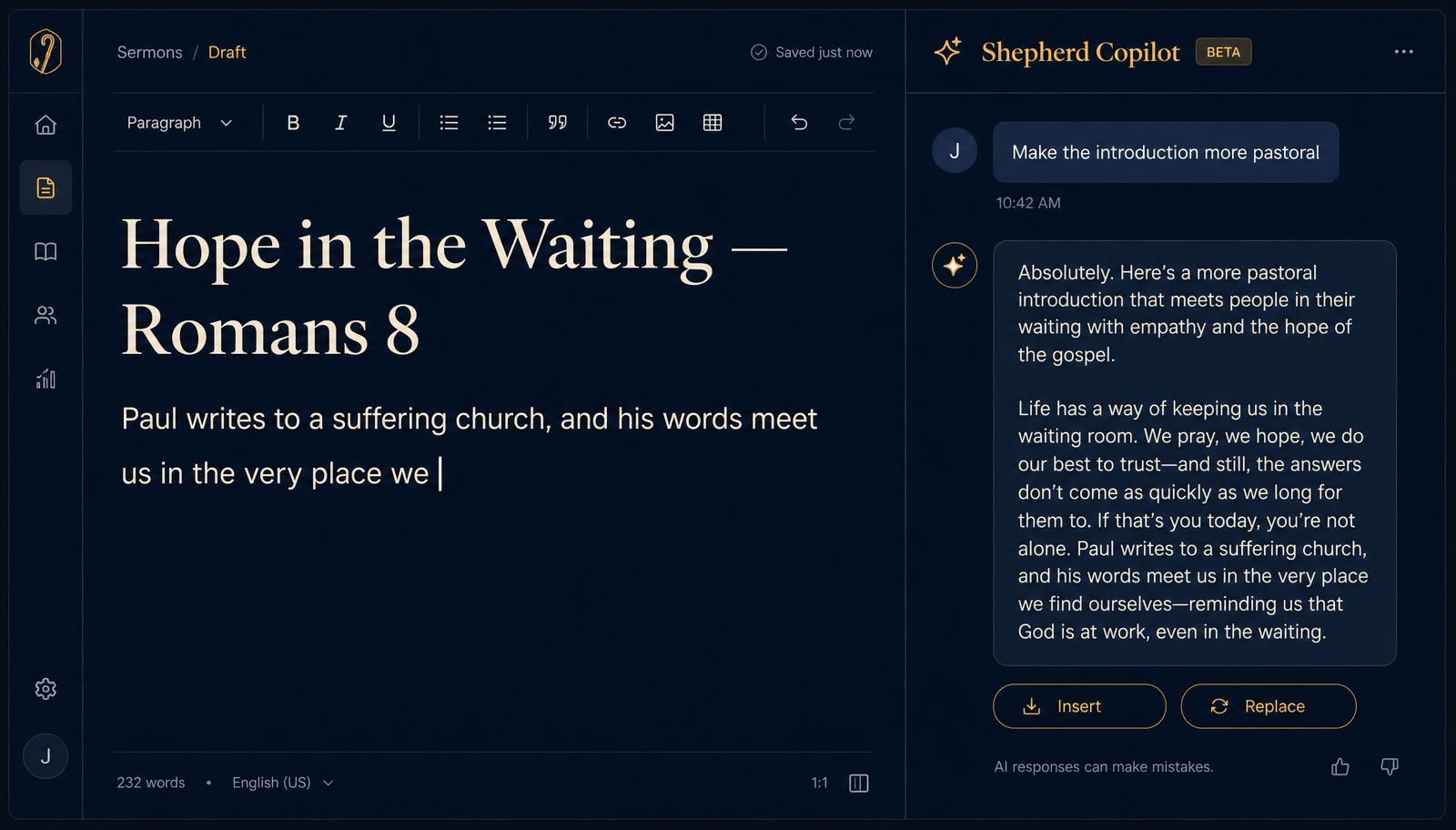 Shepherd editor with Copilot rewriting an introduction